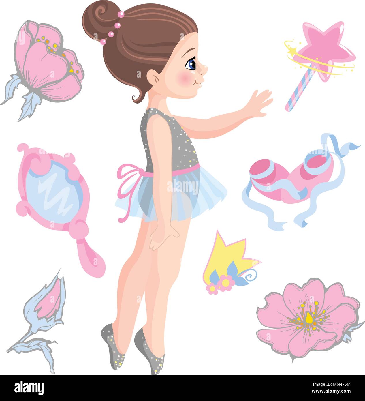 Vector illustration of little ballerina and other related items magic wand, star, glitters, flower of rose, mirror, crown, tiara. Stock Vector