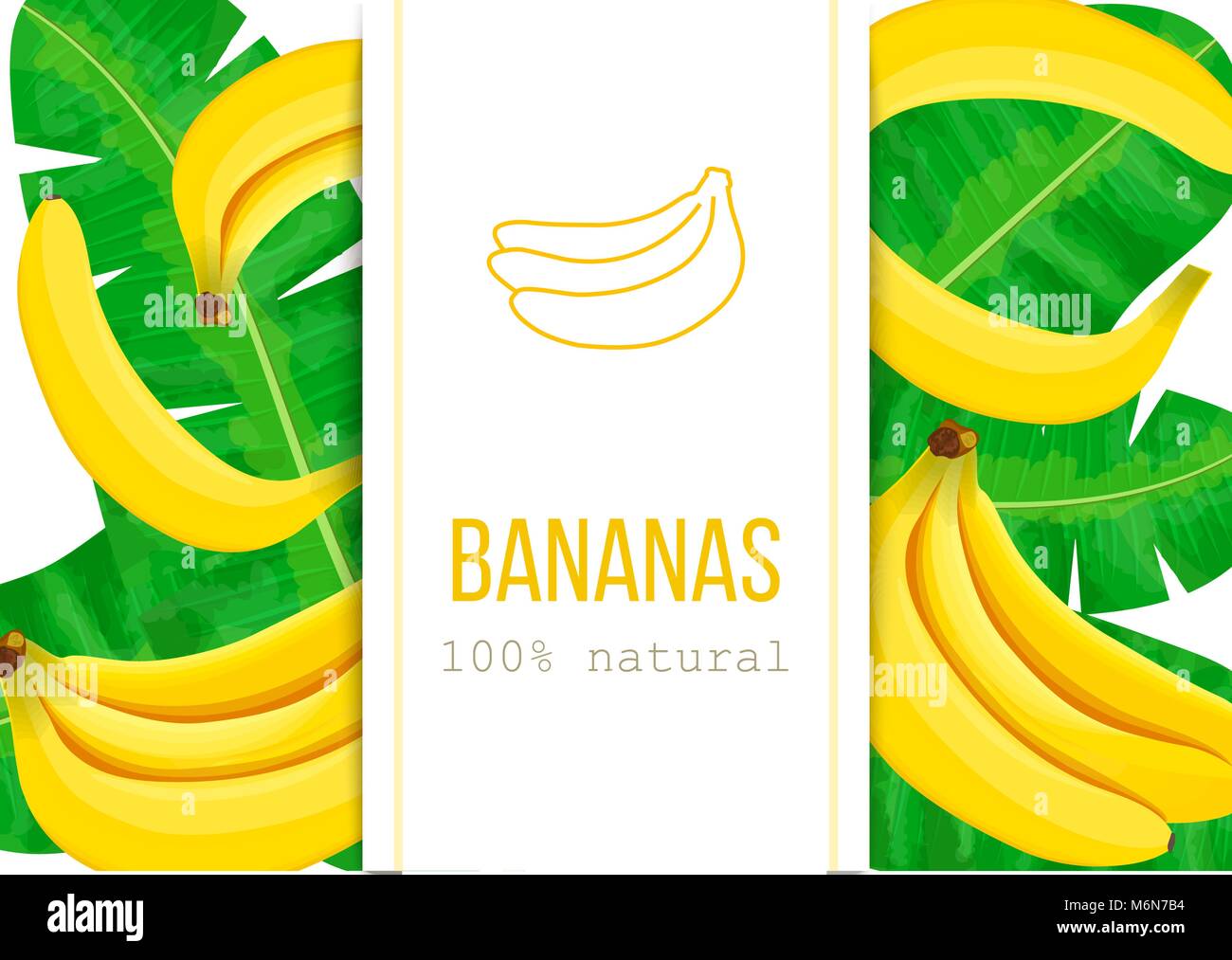 Ripe Bananas and palm leaves with text 100 percent natural. Vertical stripe label. Vector illustration with tropic motif Stock Vector