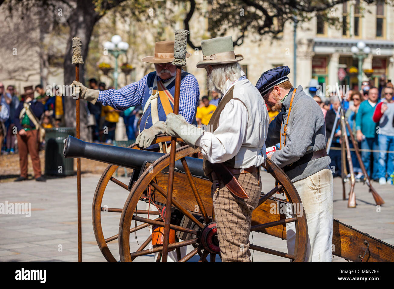 SAN ANTONIO, TEXAS - MARCH 2, 2018 - Men dressed as 19th century soldiers participate in the reenactment of the Battle of the Alamo, which took place  Stock Photo