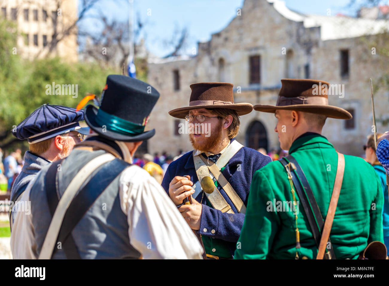 SAN ANTONIO, TEXAS - MARCH 2, 2018 - Men dressed as 19th century soldiers participate in the reenactment of the Battle of the Alamo, which took place  Stock Photo