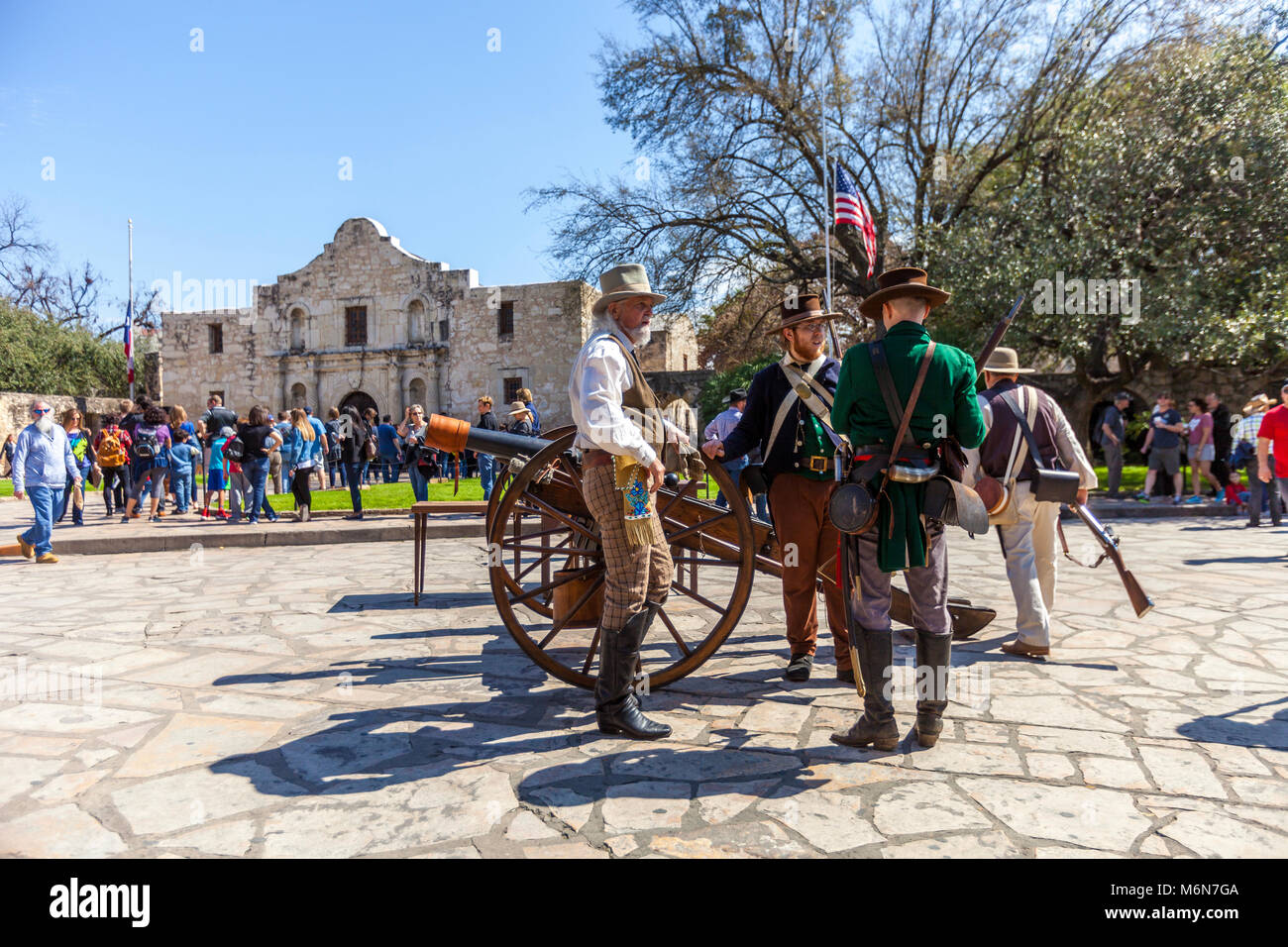 SAN ANTONIO, TEXAS - MARCH 2, 2018 - Men dressed as 19th century soldiers participate in the reenactment of the Battle of the Alamo, which took place  Stock Photo