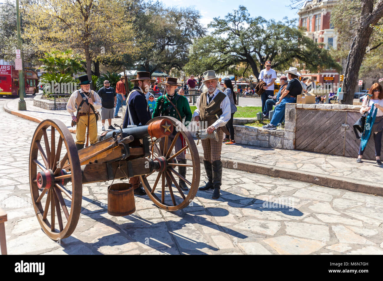 SAN ANTONIO, TEXAS - MARCH 2, 2018 - Men dressed as 19th century soldiers participate in the reenactment of the Battle of the Alamo, which took place  Stock Photo