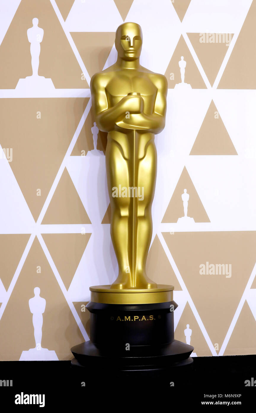 The Oscar award at the press room at the 90th annual Academy Awards at Hollywood & Highland Center on March 4, 2018 in Hollywood, California. Stock Photo