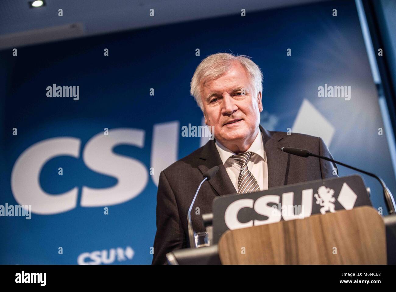 Munich, Bavaria, Germany. 5th Mar, 2018. The future German Heimatminister (Homeland) Horst Seehofer unveiled the CSU cabinet appointees at a press conference at the CSU offices in Munich. As of the ratification of the SPD entering the GroKo Grand Coalition, Seehofer has confirmed the acceptance of the cabinet position. Credit: ZUMA Press, Inc./Alamy Live News Stock Photo