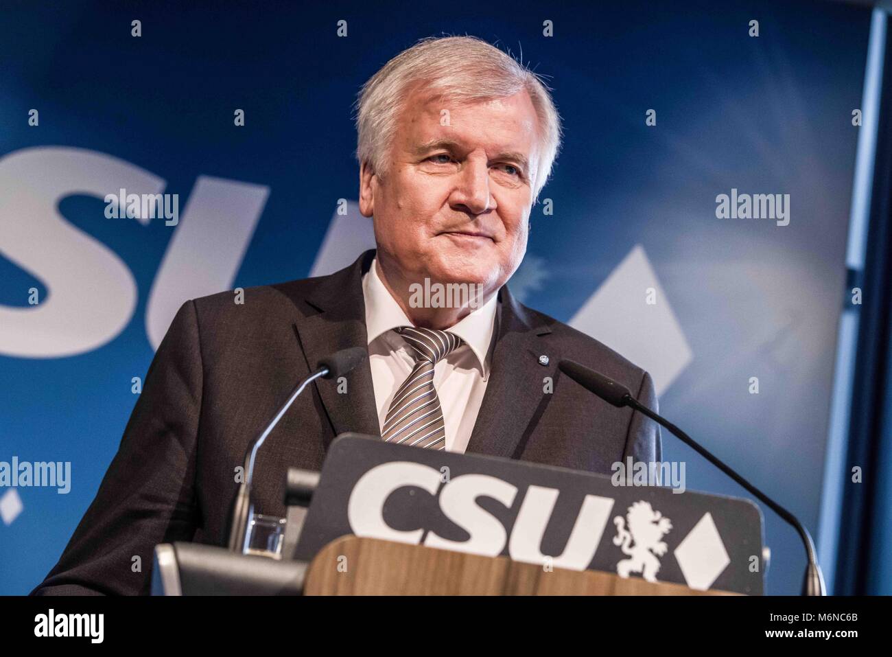 Munich, Bavaria, Germany. 5th Mar, 2018. The future German Heimatminister (Homeland) Horst Seehofer unveiled the CSU cabinet appointees at a press conference at the CSU offices in Munich. As of the ratification of the SPD entering the GroKo Grand Coalition, Seehofer has confirmed the acceptance of the cabinet position. Credit: ZUMA Press, Inc./Alamy Live News Stock Photo