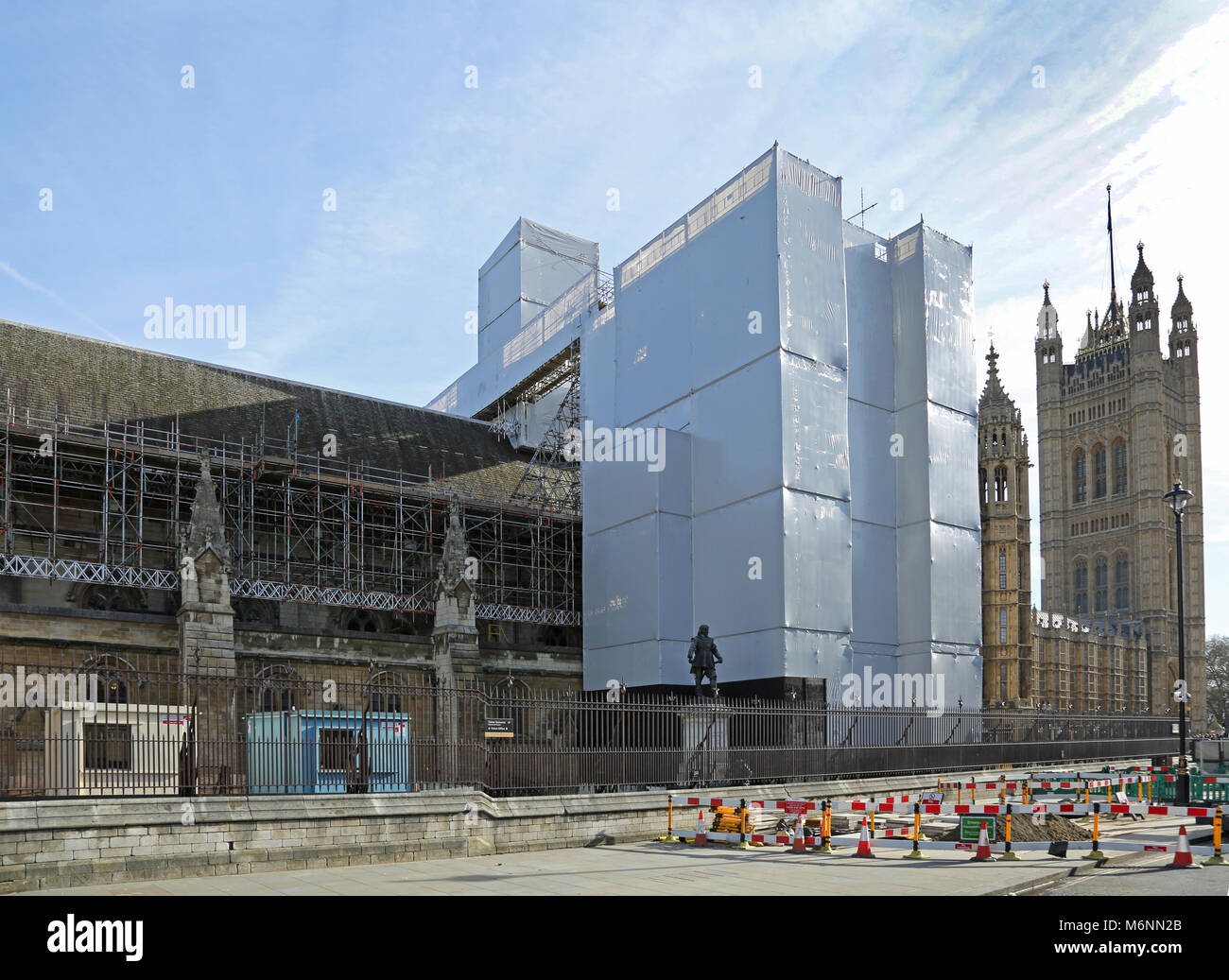 Scaffolding spans St Stephens Hall, part of the Palace of Westminster, and Houses of Parliament, London, UK. Part of the major renovation work 2018. Stock Photo