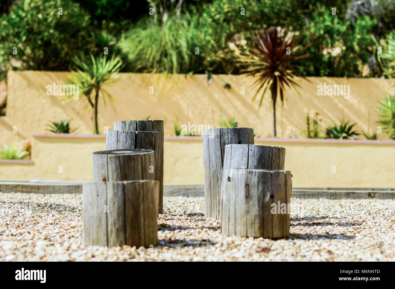 Wooden blocks in a Spanish garden Stock Photo Alamy