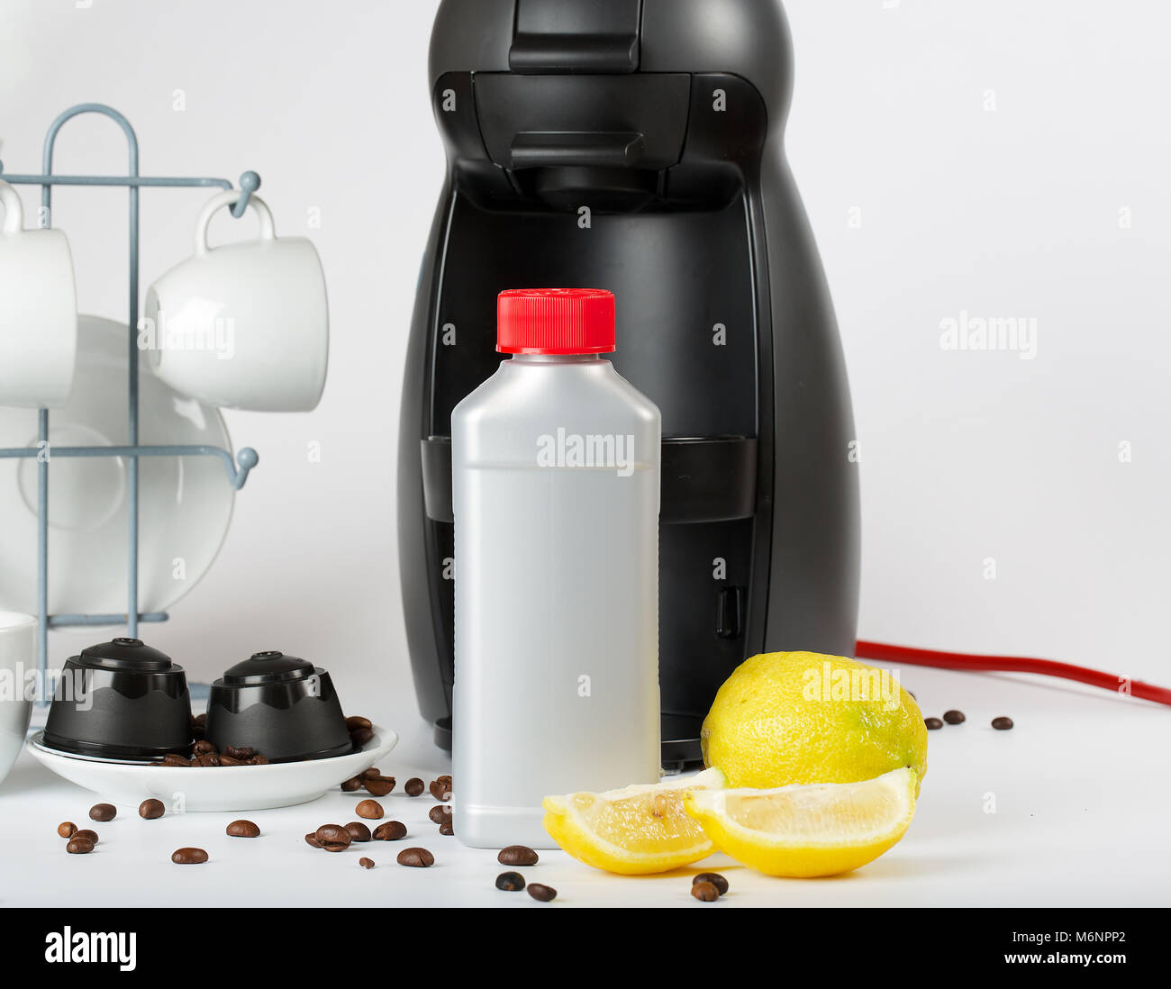 Coffee machine liquid limescale remover. Coffee capsules and coffee