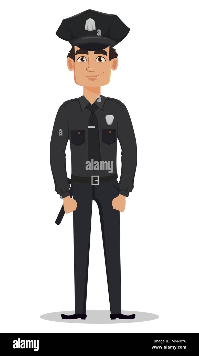 Police Officer Policeman Standing Straight Smiling Cartoon Character
