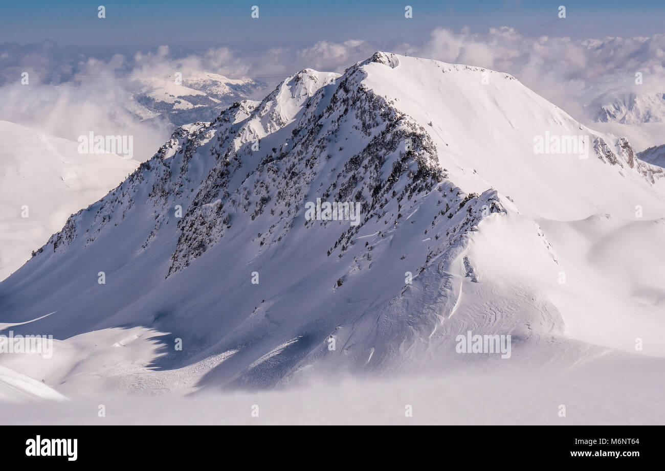 Winter mountains panorama with ski slopes, Bareges, Pyrennees, France ...