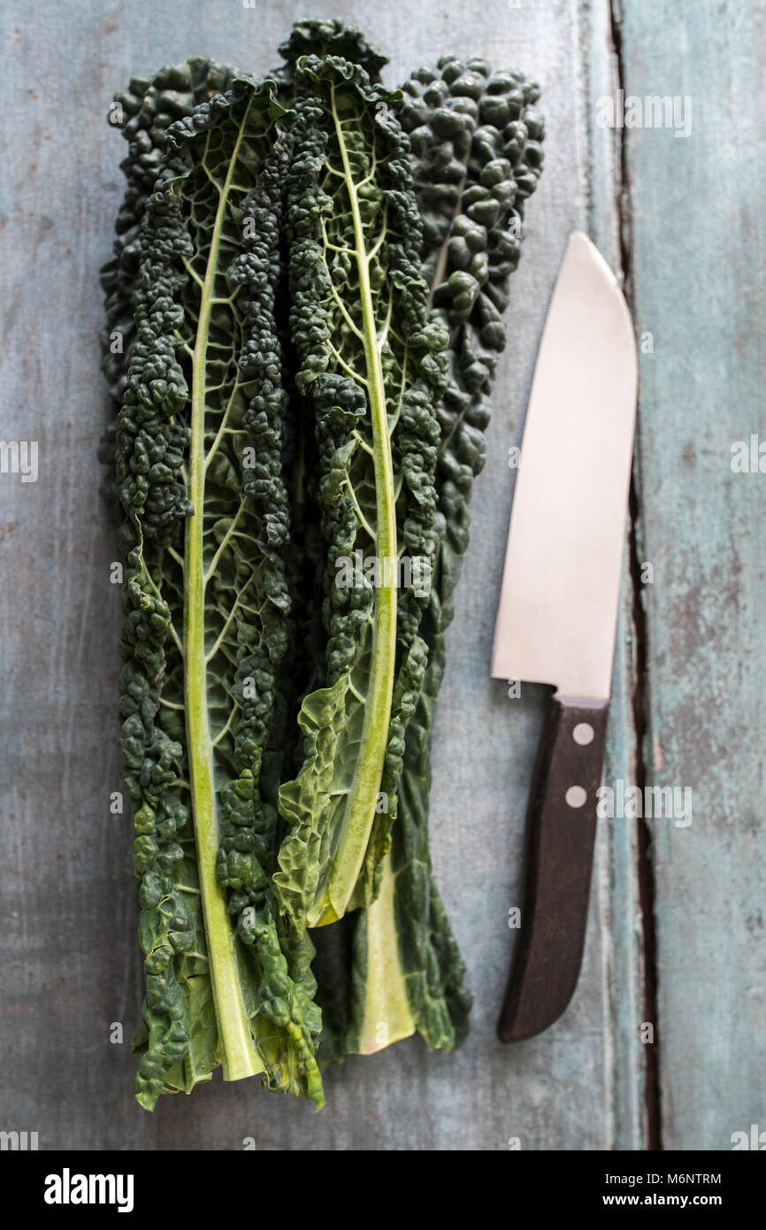 Overhead View Of Cavolo Nero Leaves With Knife Stock Photo