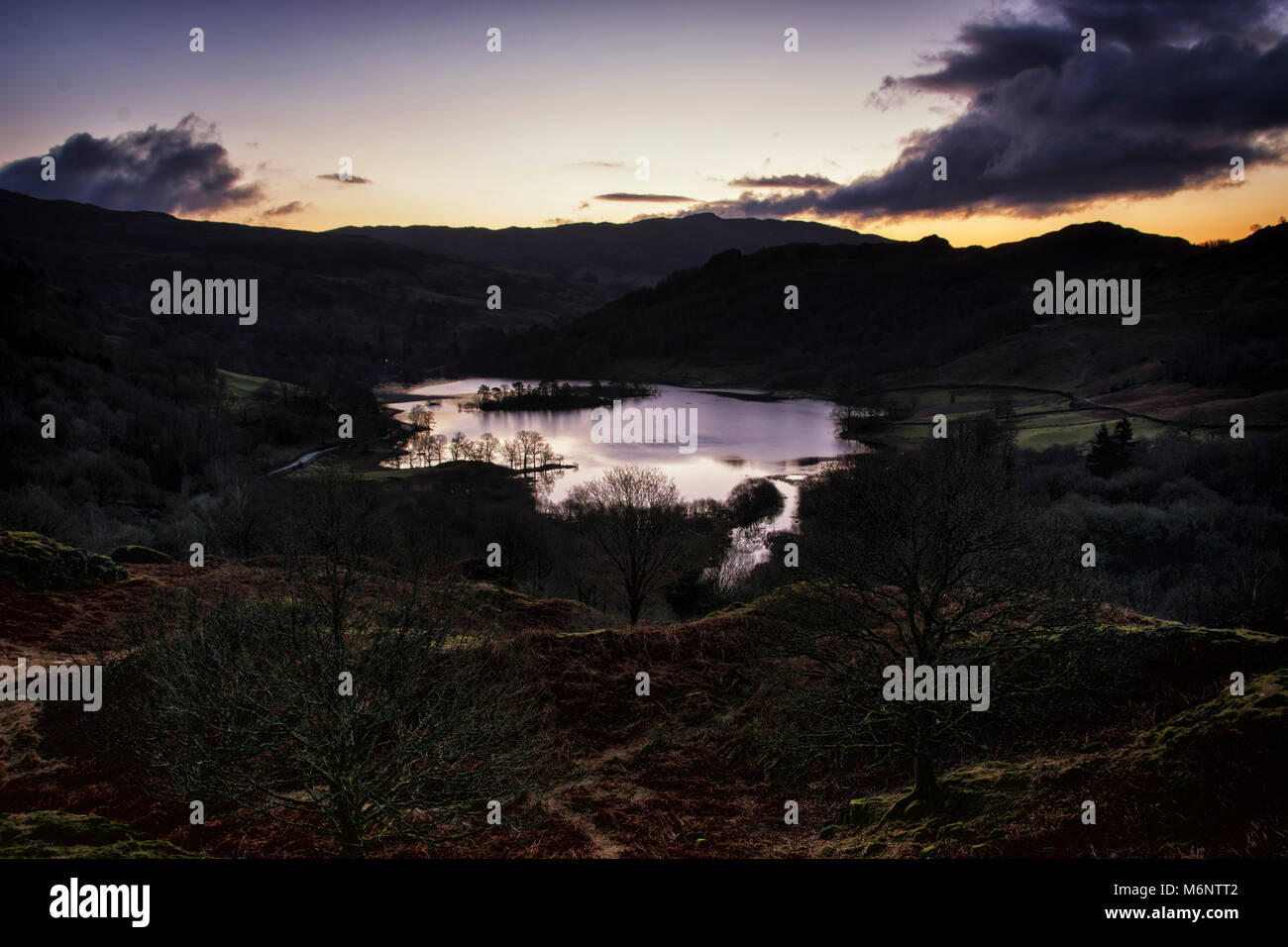 Sunrise view from White Moss over Rydal Water, Lake District, England, UK Stock Photo