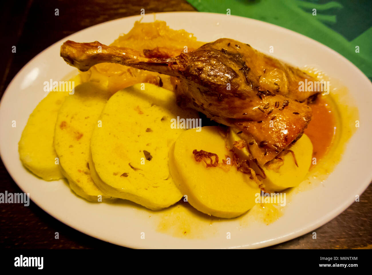 Roasted duck with potato dumplings, Prague, Czech Republic Stock Photo