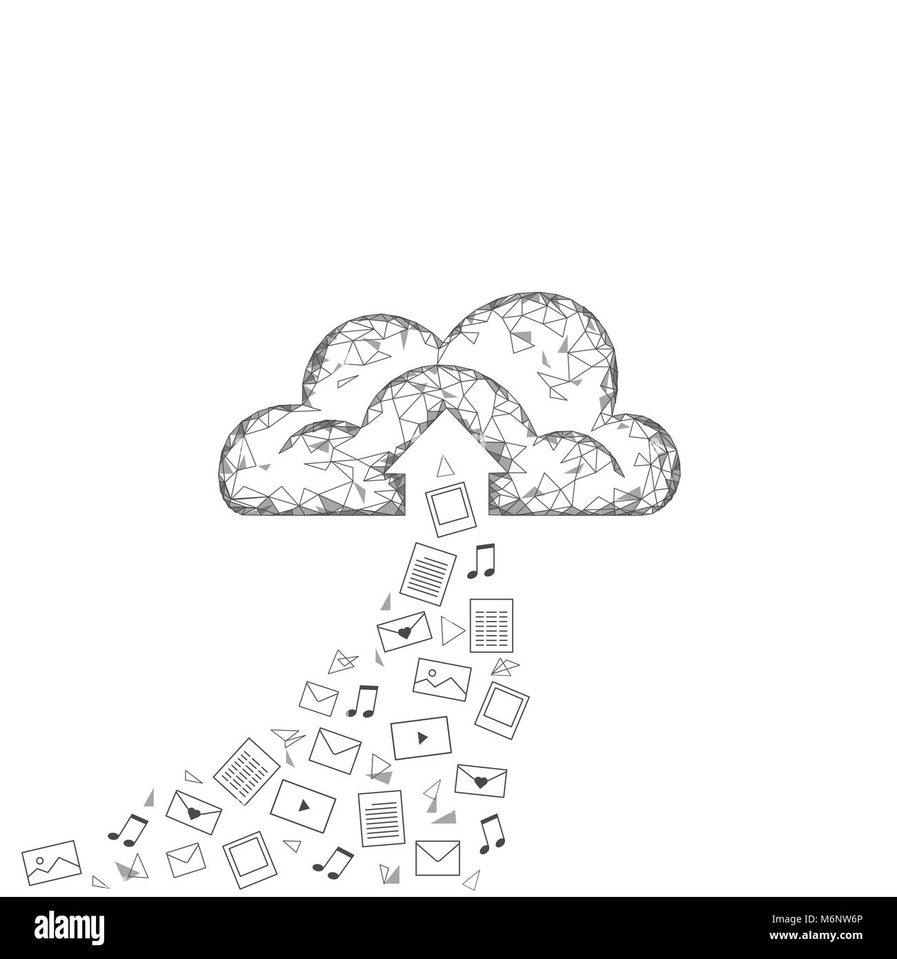Cloud computing online storage low poly. Polygonal future modern internet business technology. White gray global data information exchange folder file icon Stock Vector
