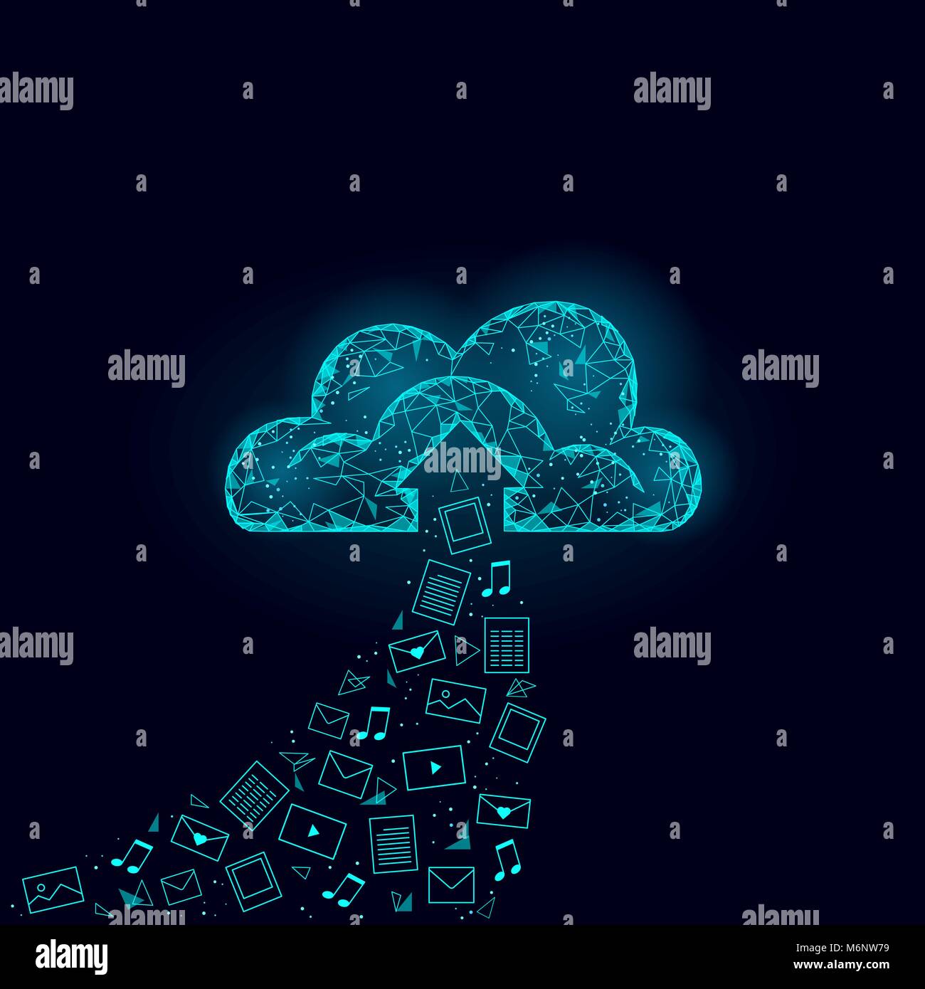 Cloud computing online storage low poly. Polygonal future modern internet business technology. Blue glowing global data information exchange folder file icon Stock Vector