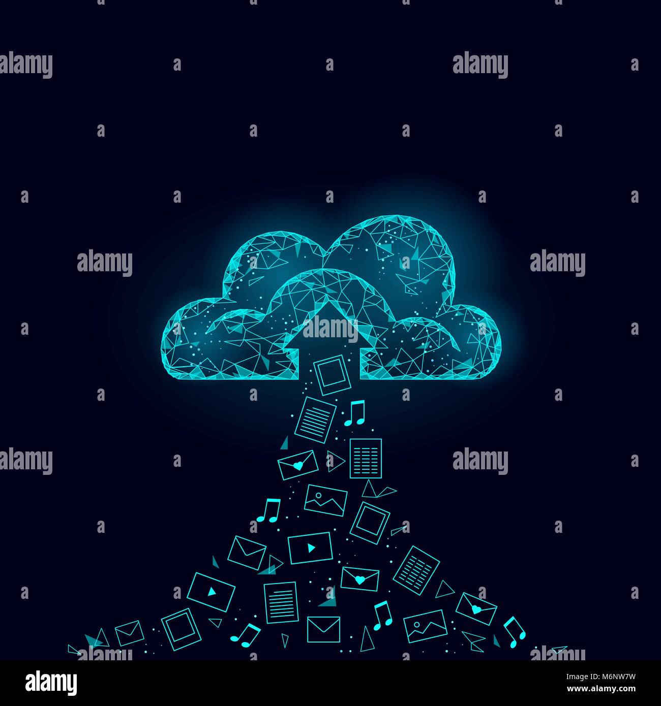 Cloud computing online storage low poly. Polygonal future modern internet business technology. Blue glowing global data information exchange folder file icon Stock Vector