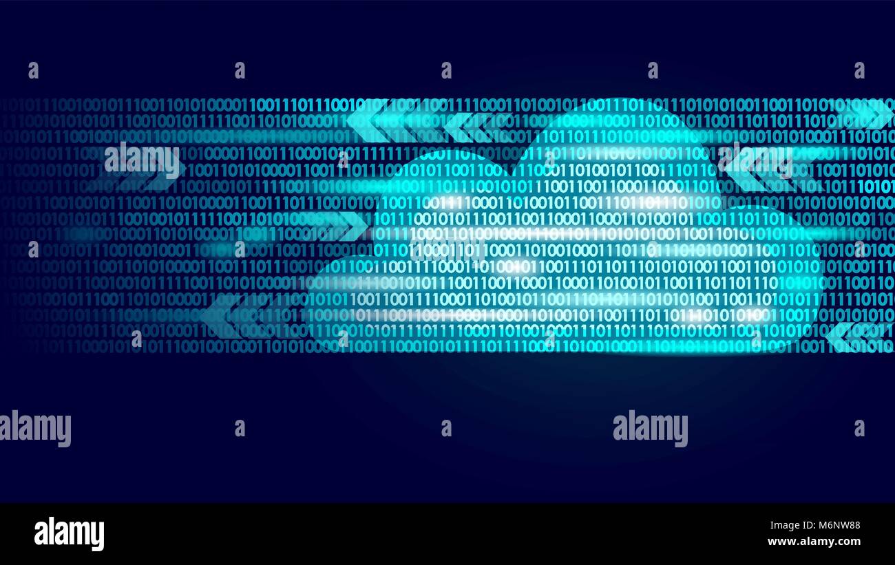 Cloud computing online storage binary code numbers. Big data information future modern internet business technology. Blue glowing global file exchange available background vector illustration Stock Vector