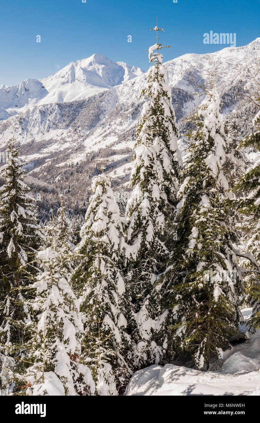 Winter mountains panorama with ski slopes, Bareges, Pyrennees, France ...
