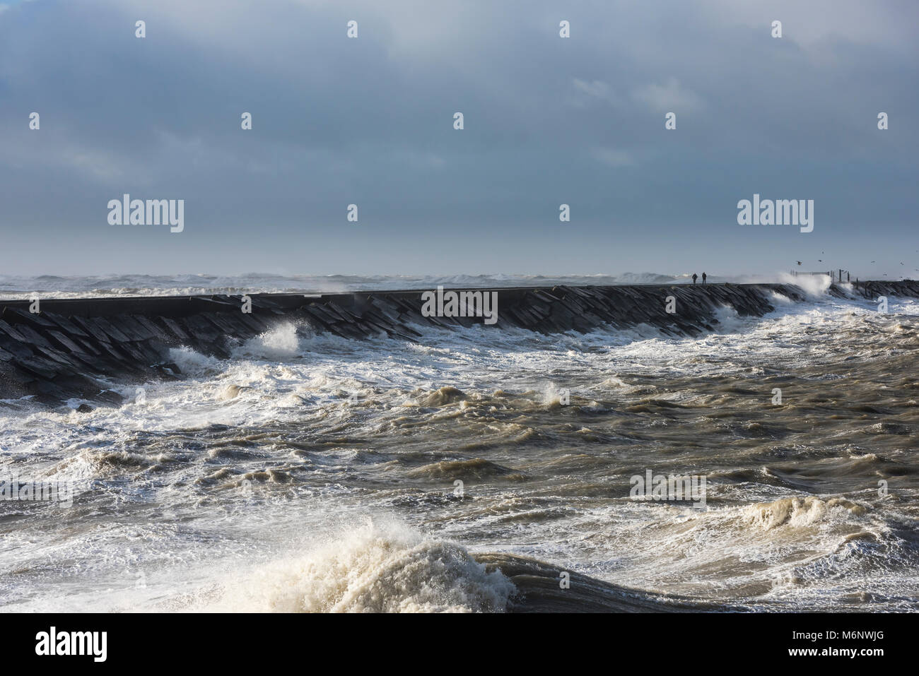 Storm at the North Sea at the Zuidpier at IJmuiden in Noord-Holland with two men. Stock Photo