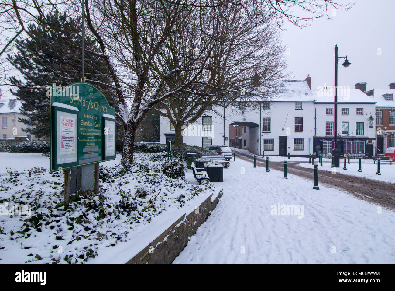 Market Square, Atherstone covered in snow. Stock Photo