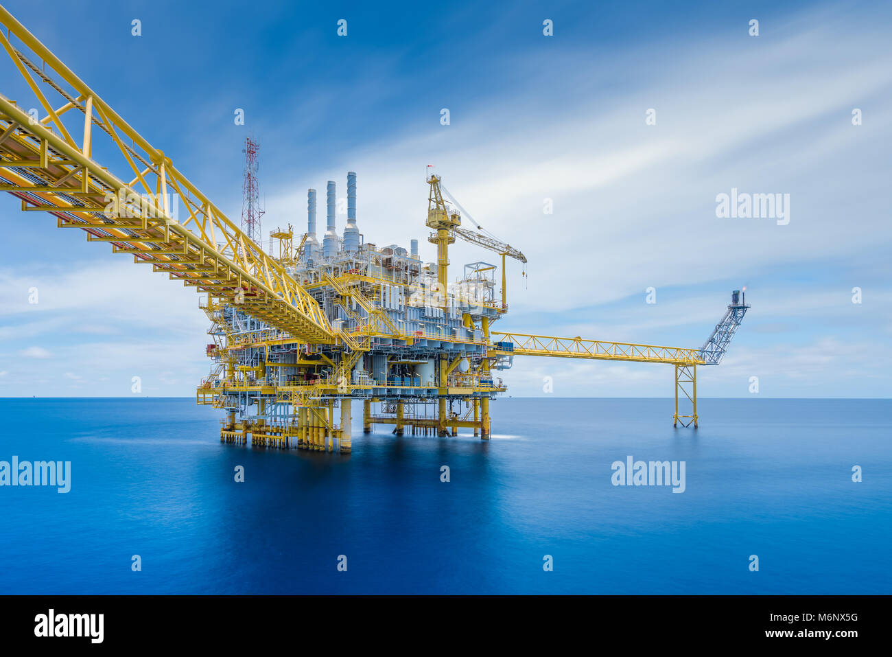 Offshore oil and gas central facility in the gulf where produce raw gas condensate and crude oil and then treat for sent to onshore refinery and petro Stock Photo