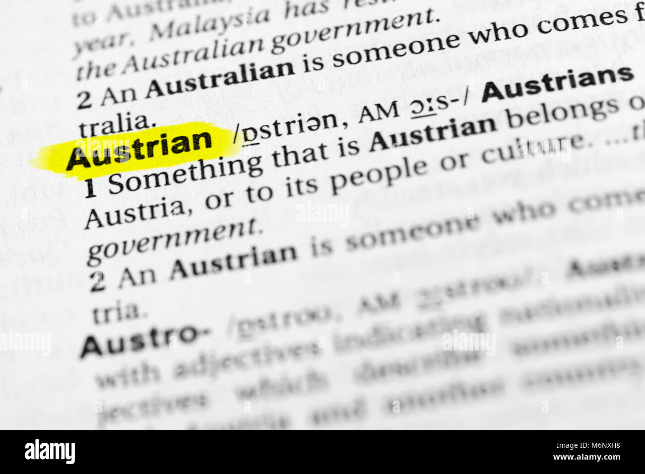 Highlighted English word 'austrian' and its definition in the dictionary. Stock Photo