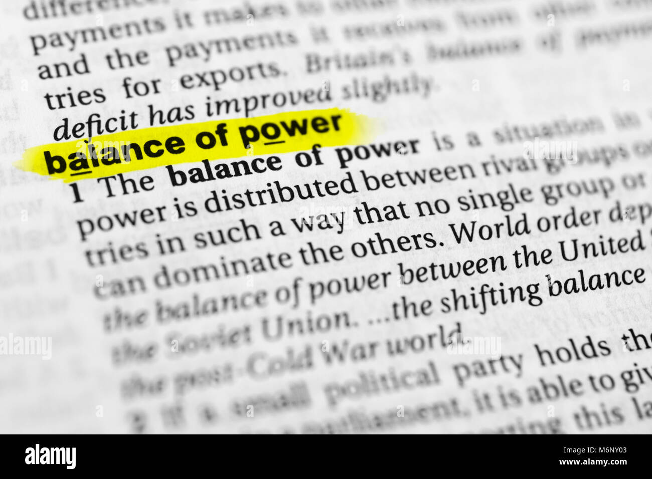 Highlighted English word 'balance of power' and its definition in the dictionary. Stock Photo