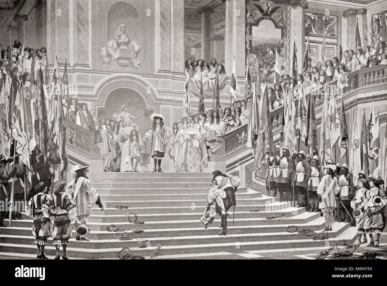 The reception of the Grand Conde held by Louis XIV in 1674.  The Duc d'Enghien, later Louis de Bourbon or Louis II, Prince of Condé, 1621 – 1686.  French general.  From Hutchinson's History of the Nations, published 1915. Stock Photo