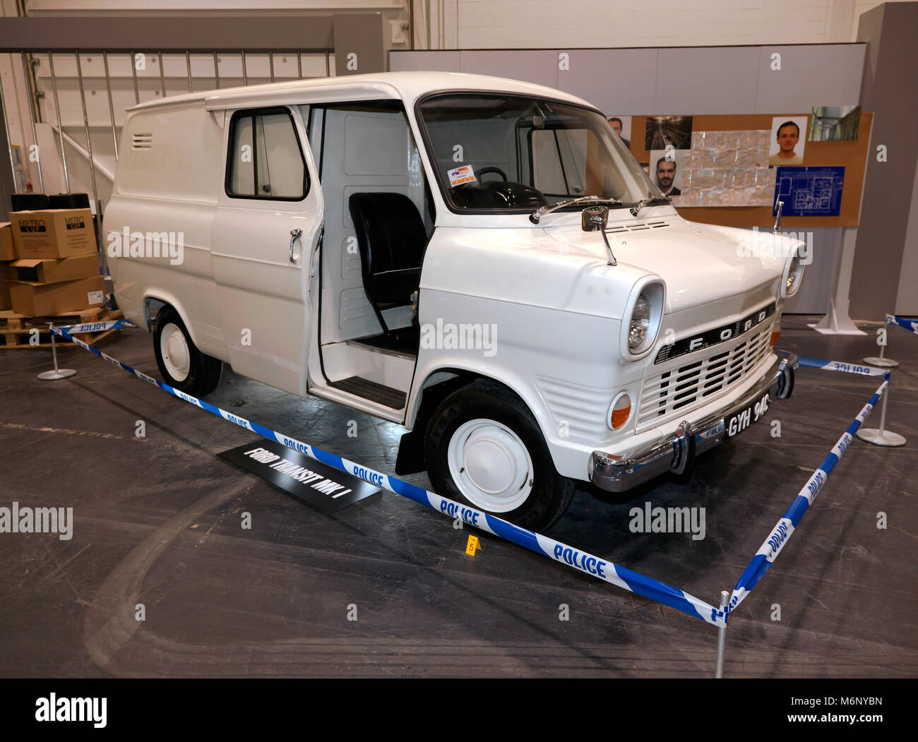 View of a Ford Transit Mk1, part of the 'Getaway Cars' collection, curated by Philip Glenister, at the 2018 London Classic Car Show Stock Photo