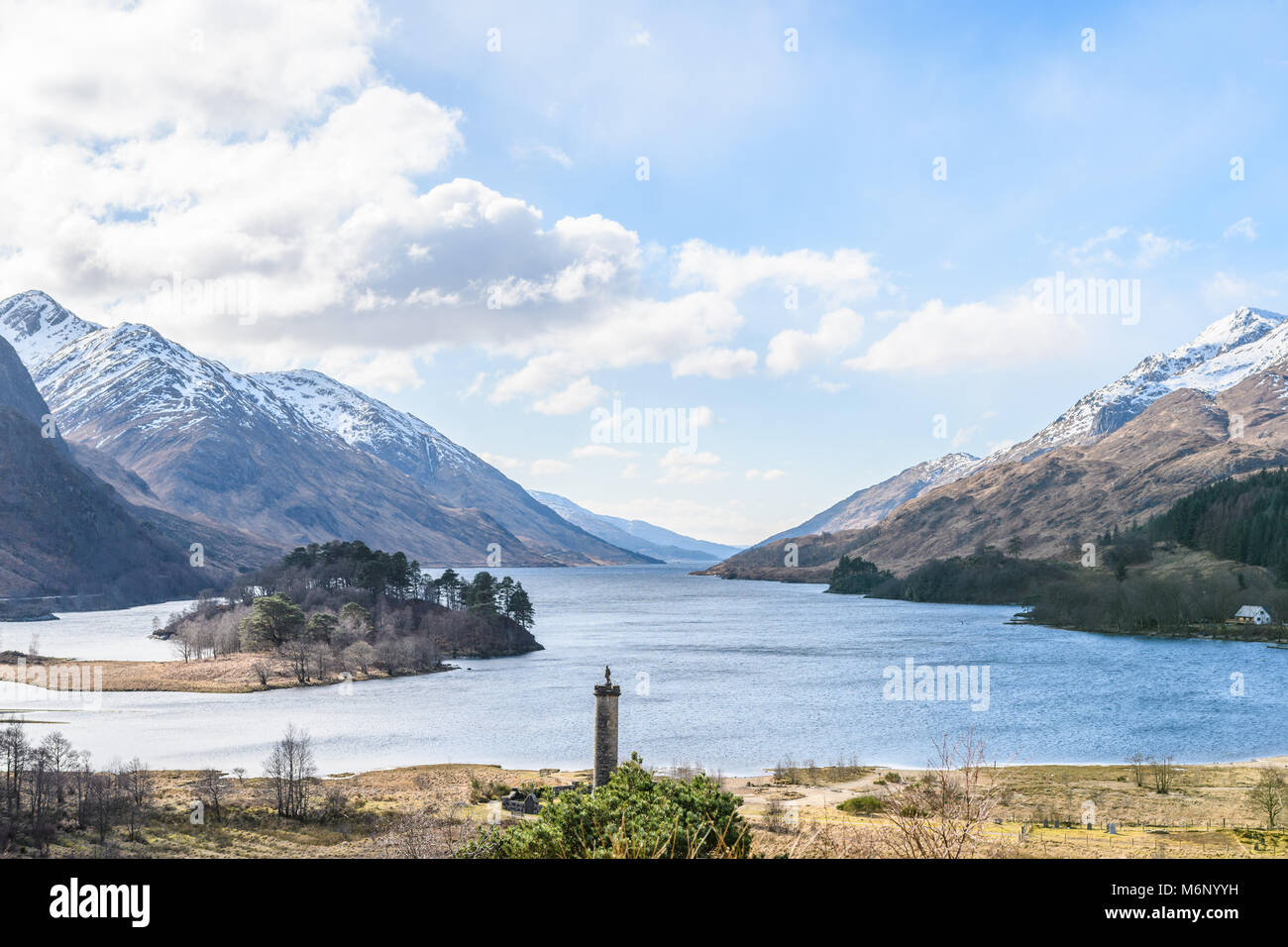 The nineteenth century tower memorial on the shore of Lock (lake) Shiel at Glenfinnan to Bonny Prince Charles, who landed there in 1745 in a bid to re Stock Photo