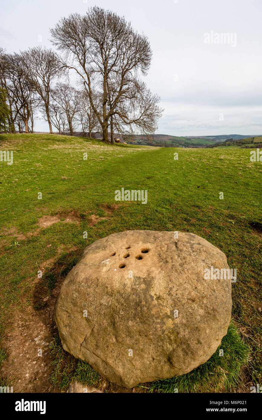 The boundary stone Eyam with holes for soaking coins in vinegar to pay for supplies from Stoney Middleton during the plague years  - Derbyshire UK Stock Photo