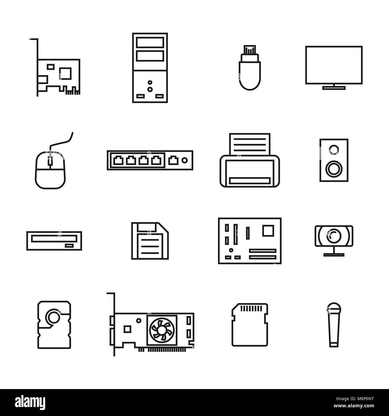 Set of icons computer devices and accessories of thin lines, isolated on white background, vector illustration. Stock Vector