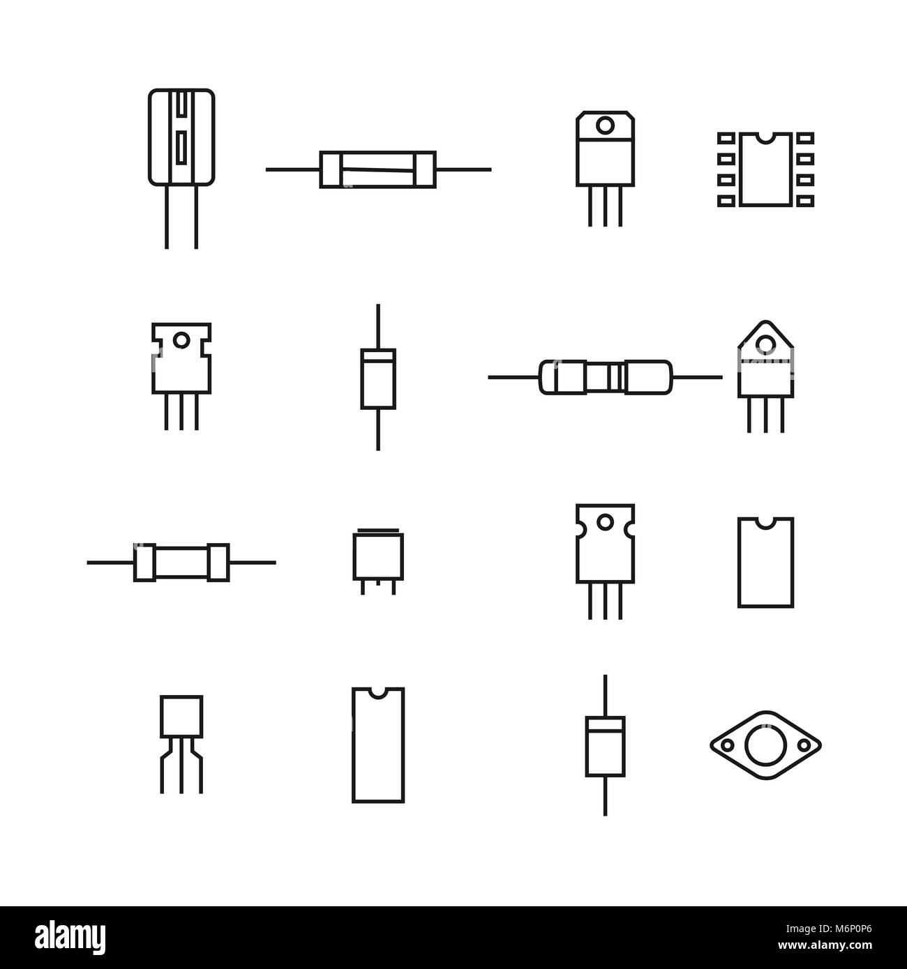 Set of various electronic and radio components of the thin lines, isolated on white background. Flat style, vector illustration. Stock Vector