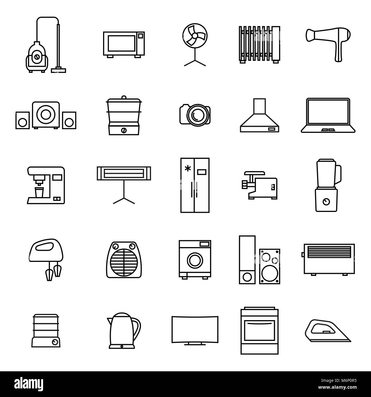 Set of different elements of household appliances from thin lines, isolated on white background, vector illustration. Stock Vector