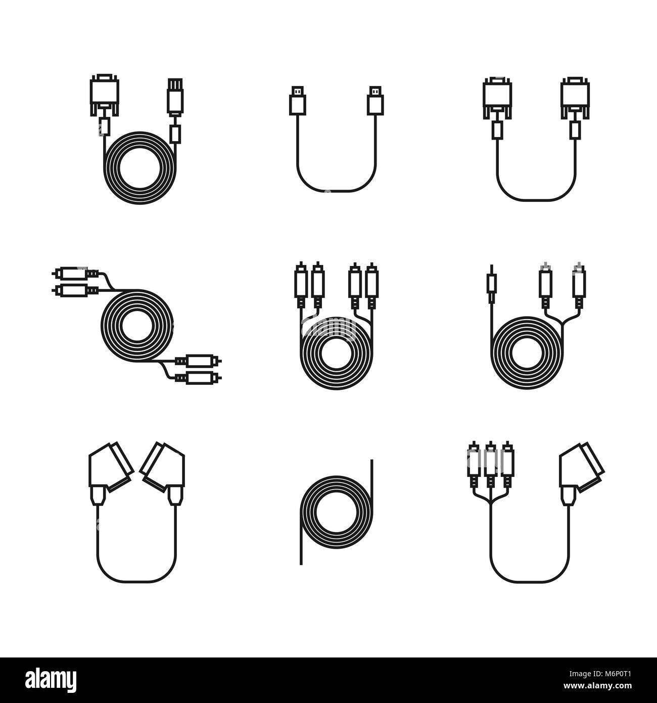 Icons of cord and cable with plugs of thin lines isolated on white background, vector illustration. Stock Vector