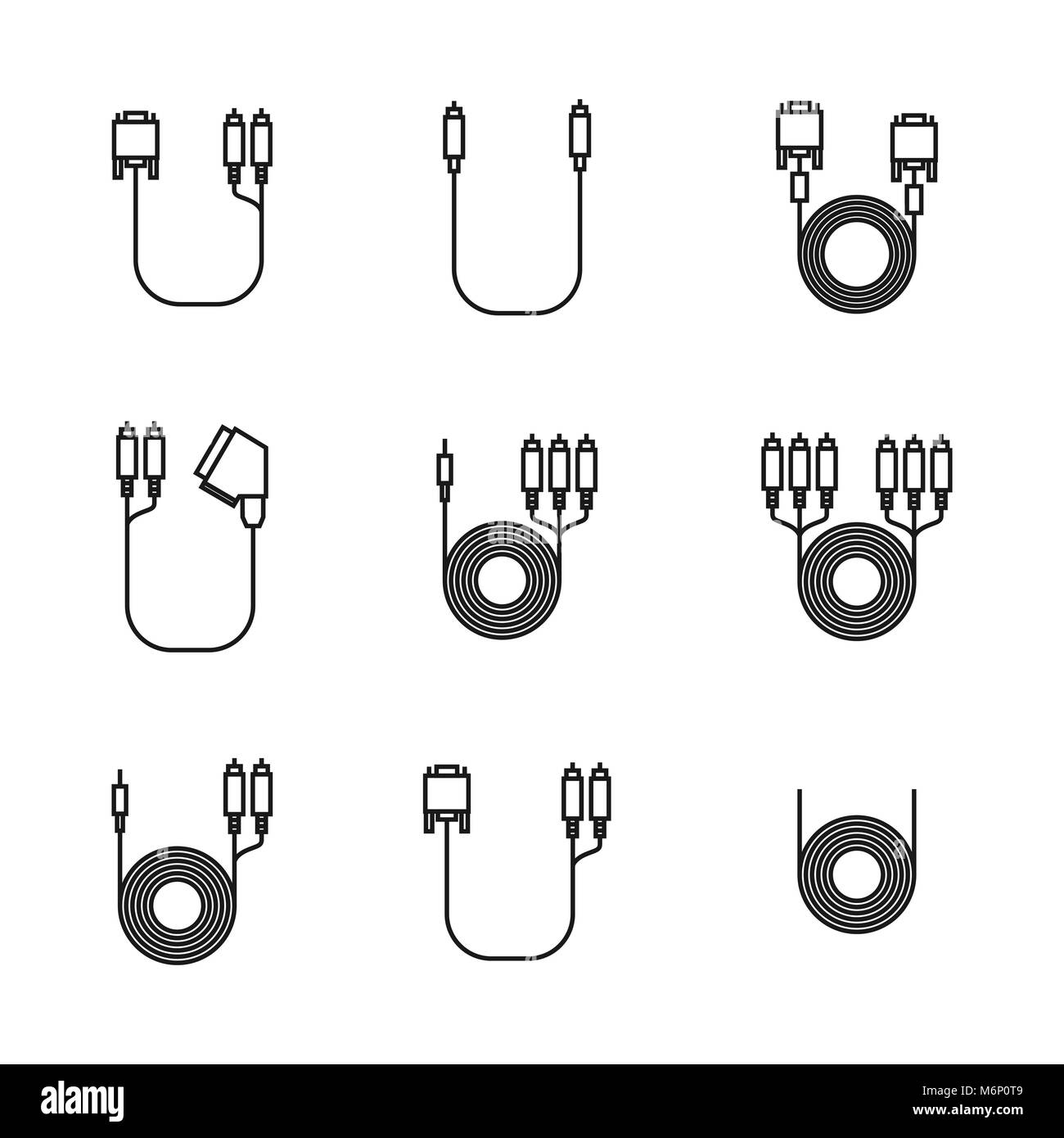 Icons of cord and cable with plugs of thin lines isolated on white background, vector illustration. Stock Vector