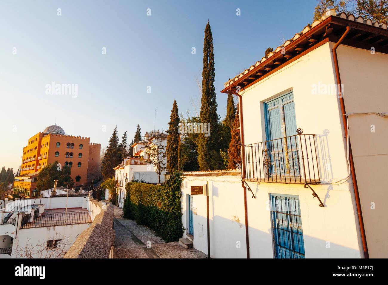 Granada, Andalusia, Spain. Museum- Carmen (house) of Composer Manuel de Falla (1876-1946) and Neo Arab style Alhambra Palace Hotel (1910) the oldest f Stock Photo