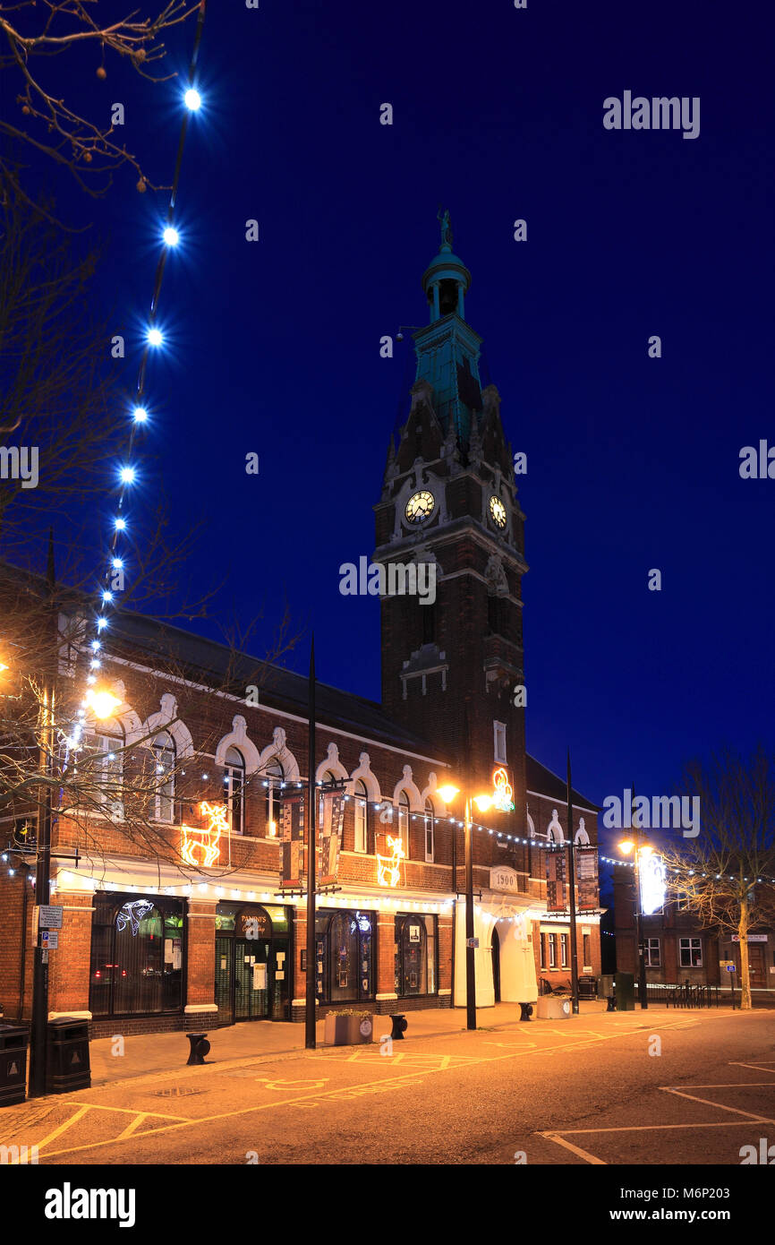 Christmas tree lights at night, Market Place, March town, Fenland, Cambridgeshire, England