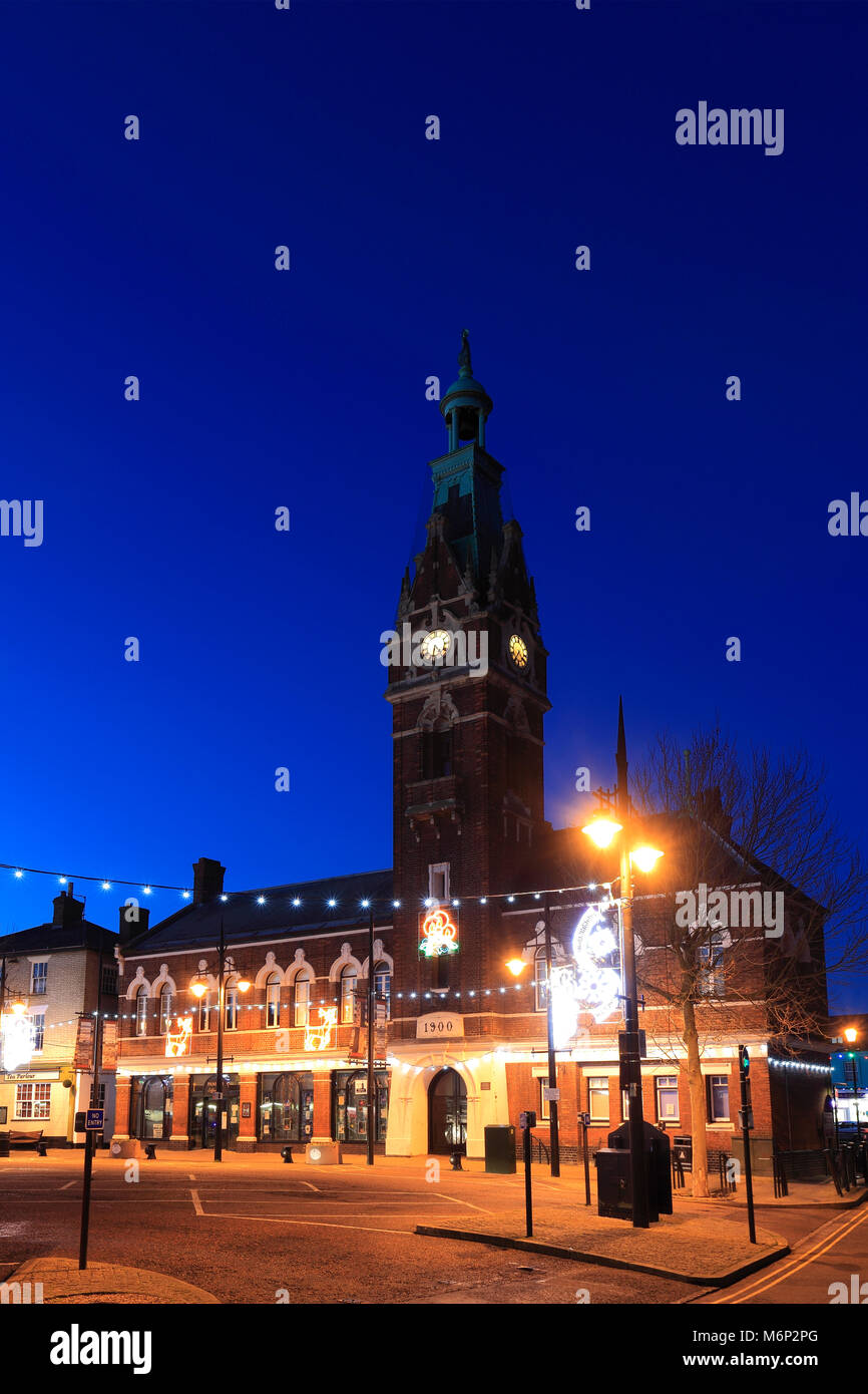 Christmas tree lights at night, Market Place, March town, Fenland, Cambridgeshire, England