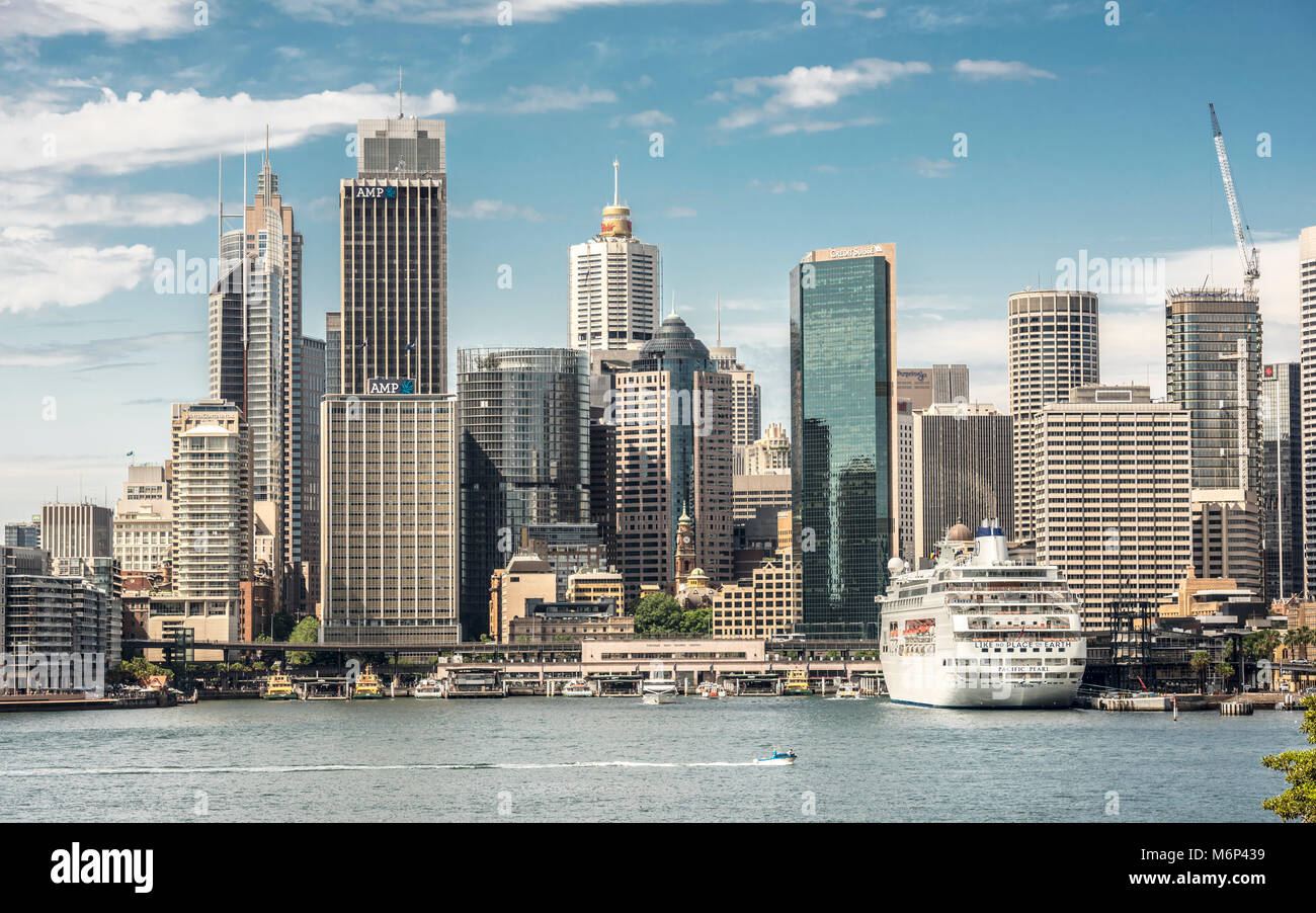 Skyline of Sydney central business district and Circular Quay where the ferries depart to various parts of the city. Stock Photo