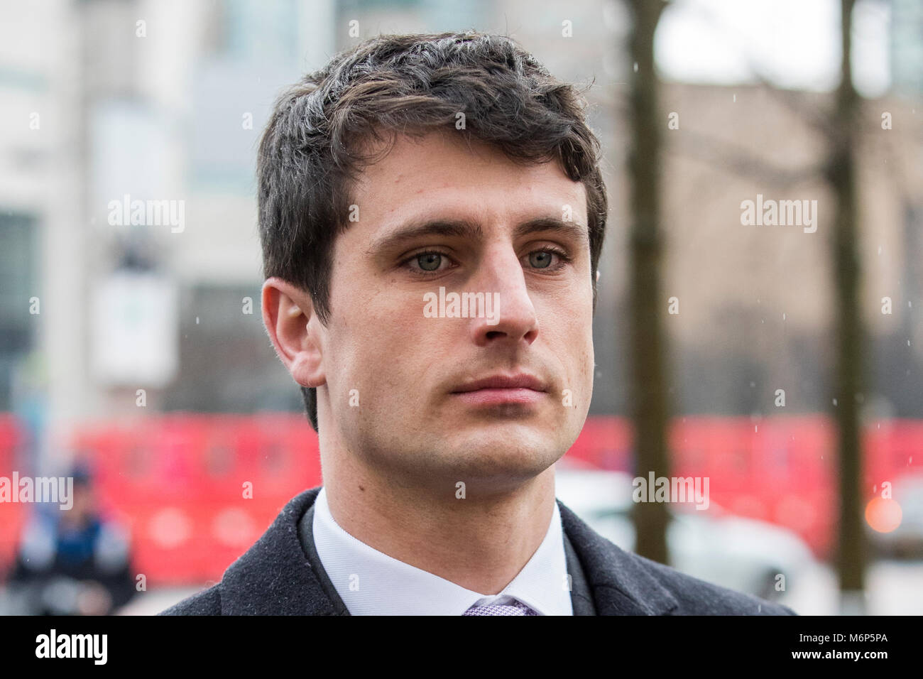 Blane McIlroy arrives at Belfast Crown Court where he is on trial accused of one count of exposure, in connection with an incident in which two Ireland and Ulster Rugby stars Paddy Jackson and Stuart Olding, are accused of raping a woman at a property in south Belfast in June 2016. Stock Photo