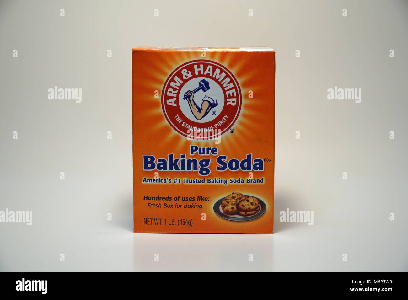 Arm & Hammer pure baking soda brand product shot. Most recognizable US