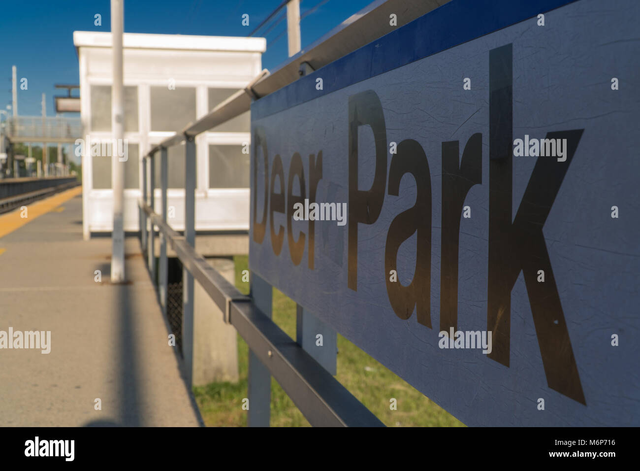 Long Island, NY Circa 2017 Deer Park LIRR railroad train station sign on platform. Early Long Island, NY Circa 2017 Deer Park LIRR railroad train station sign on platform. Early