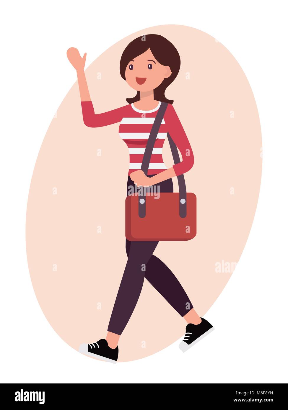 Cartoon character design female woman wave hand greeting with shoulder bag Stock Vector