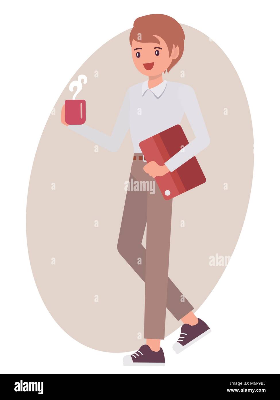 Cartoon character design male man hold coffee cup document file Stock Vector