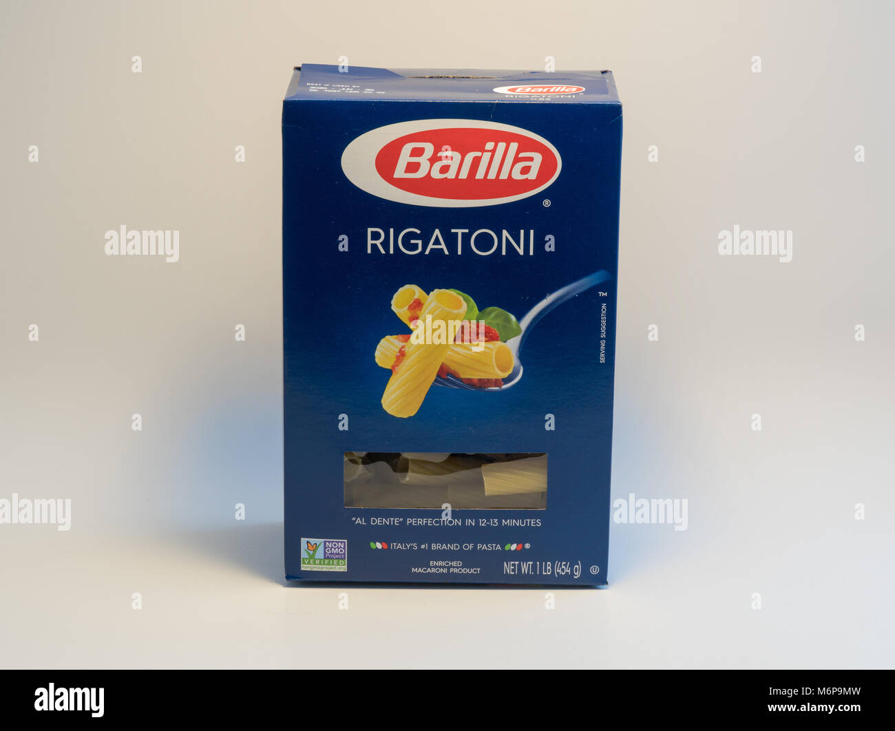 United States, Circa 2018 Barilla brand Rigatoni pasta box product photo against white