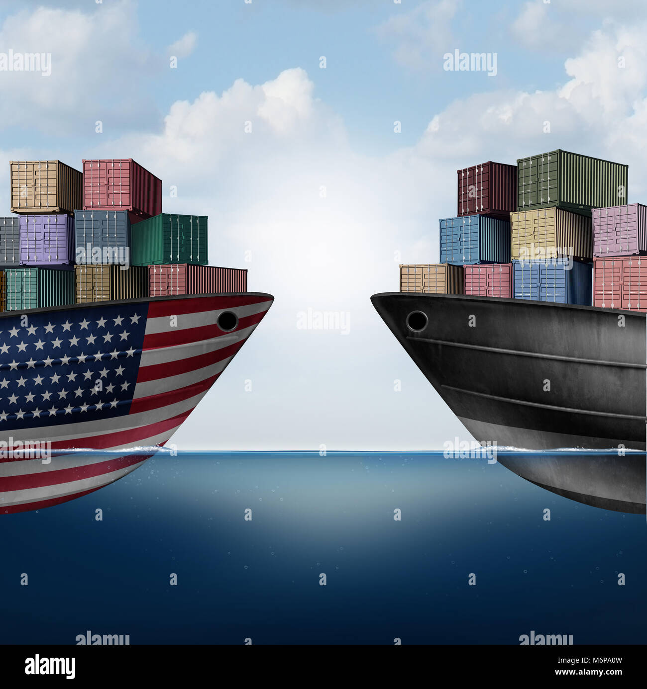 American trade war tariffs in the United states as two opposing cargo ships as an economic  taxation dispute over import and exports concept. Stock Photo