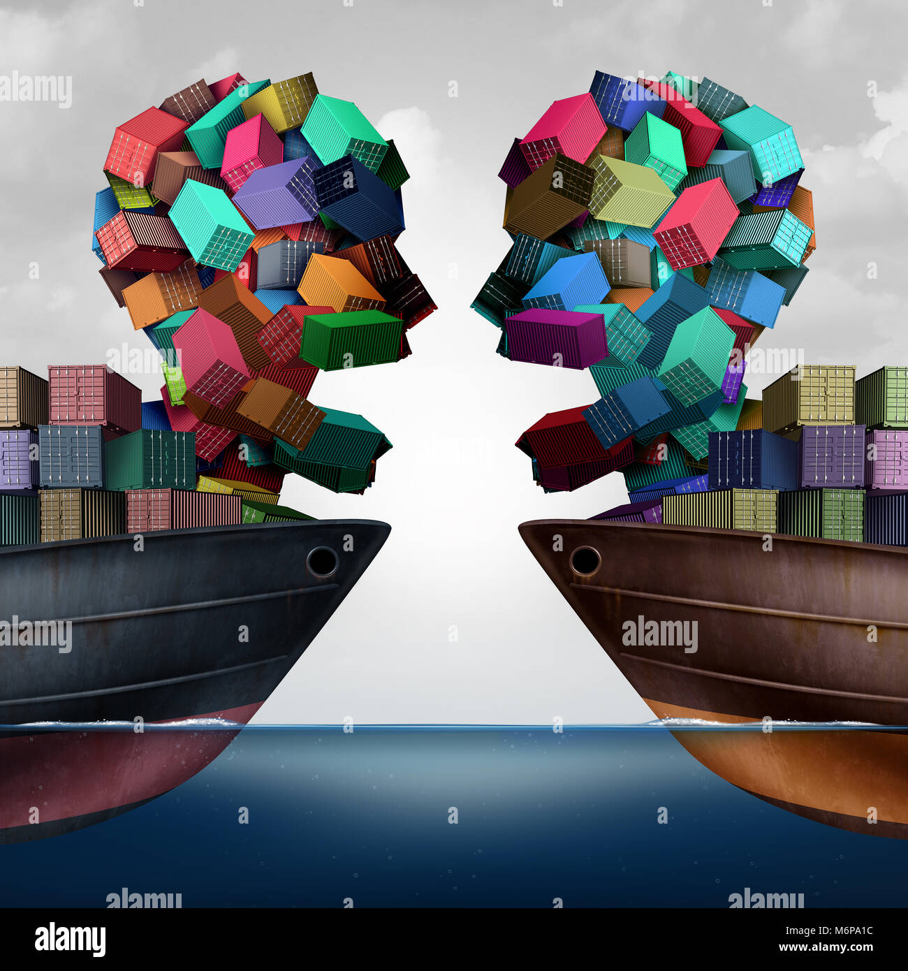 Trade dispute economic challenge business concept as national trade tariff disagreement and export or import duties argument on a cargo ship. Stock Photo