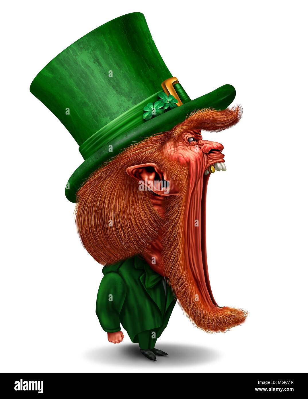 Cartoon Leprechaun St Patricks day character as a traditional green dressed icon as a marketing or promotion on a white background with 3D. Stock Photo