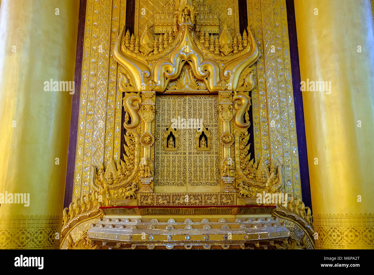 The Thihathana Throne, Lion Throne, situated inside the Royal Lion Throne Hall of the Kanbawzathadi Golden Palace Stock Photo